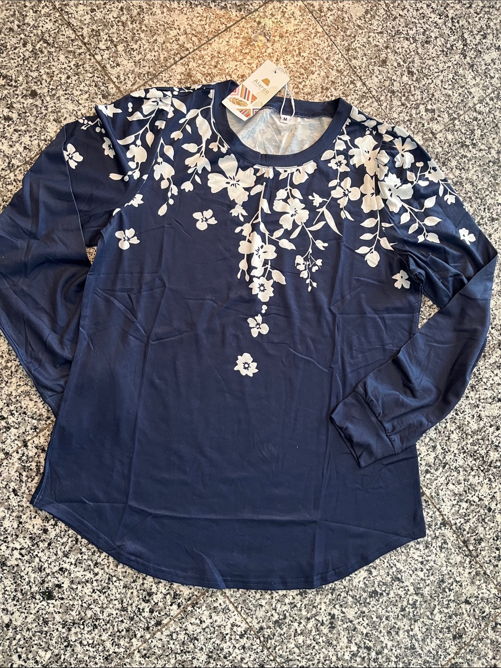 Floral Yoke Long-Sleeve Top — Navy and White